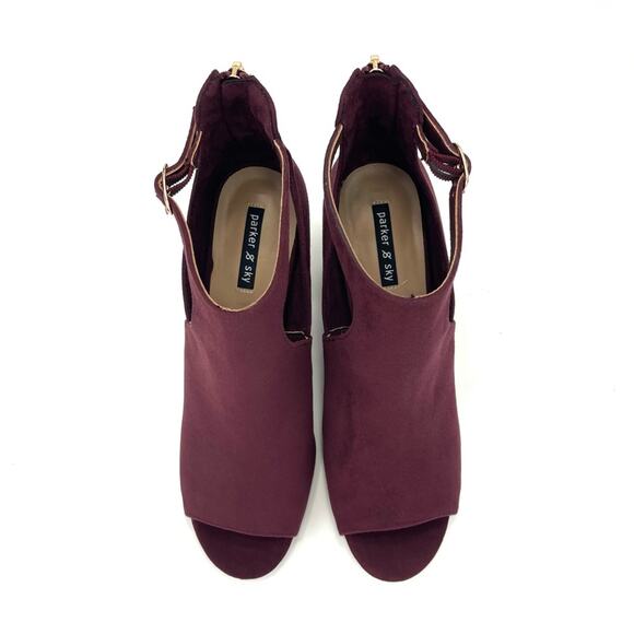 Parker & Sky Mila Open Toe Bootie/Ankle Boot Sz 9 Burgundy Faux Suede Adjustable - Picture 4 of 16